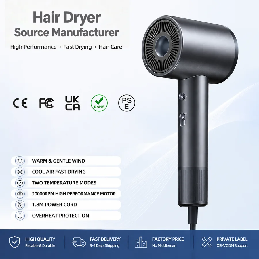 Hot Selling Ionic ABS Electric Hair Dryer Diffuser DC Motor High-Speed Foldable Compact 1800W Hotel Household RV Outdoor Use