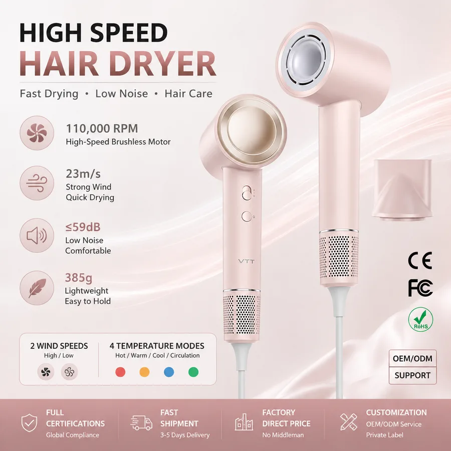 High Speed Brushless Electric Hair Dryer 110000 RPM Ionic Outdoor Salon Professional Custom Concentrator 1600W