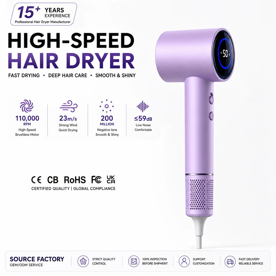Premium 110,000 RPM High Speed Smart Electric Hair Blower Dryer Professional Household Ionic Travel-Friendly for Outdoor Use