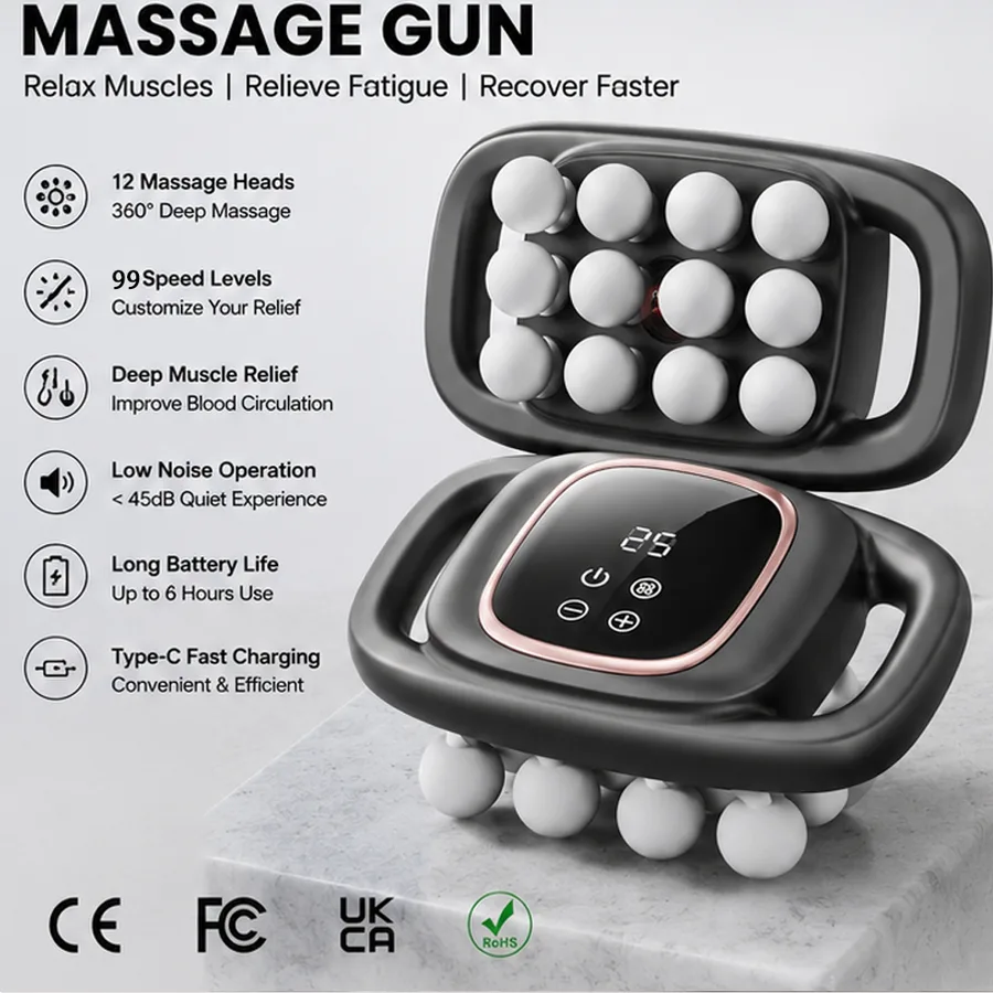 S5-12 Brush Motor Massage Gun with 12 Heads 99 Speed Levels 1800mAh Battery (3-6H) for Body Pain Relief
