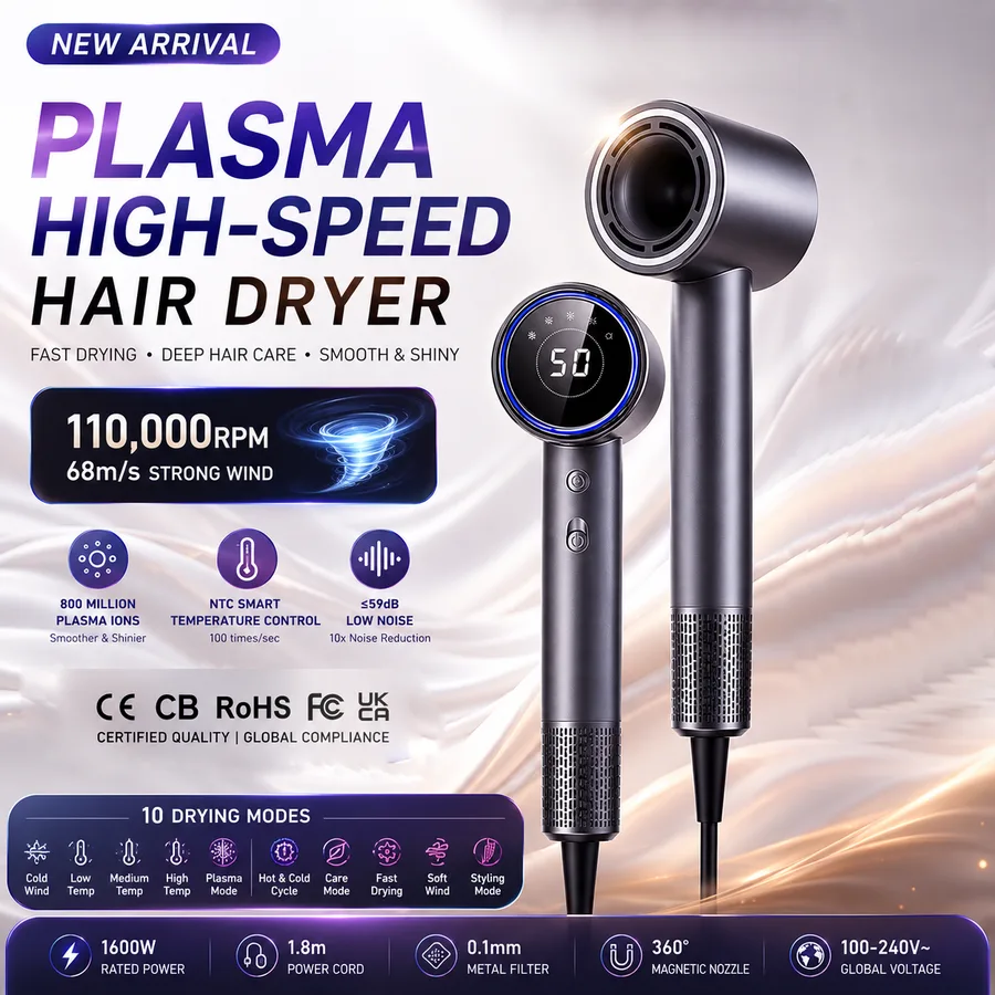 Professional High Power Ionic Plasma Hair Dryer Brushless DC Motor Compact Design Fast Cooling Heating Hotel & Household Use