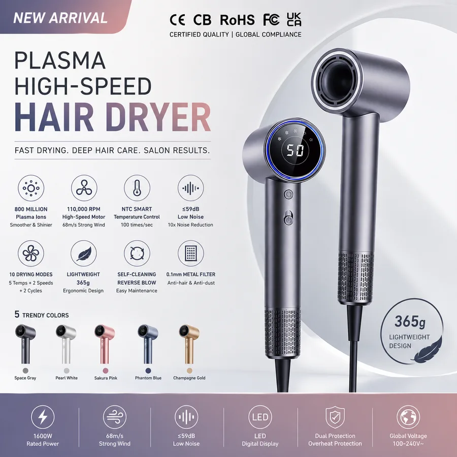 Lightweight Compact Ionic Outdoor Hotel RV Travel Home Negative Plasma High Speed Hair Dryer 2 Heat Cool Settings DC Motor 1600W