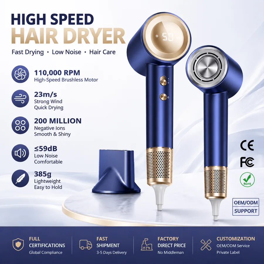 Hot Sale 1600W High-Speed Hair Dryer 3 Levels Professional Household Travel Hair Dryer Diffuser Negative Ion Bldc Hotels