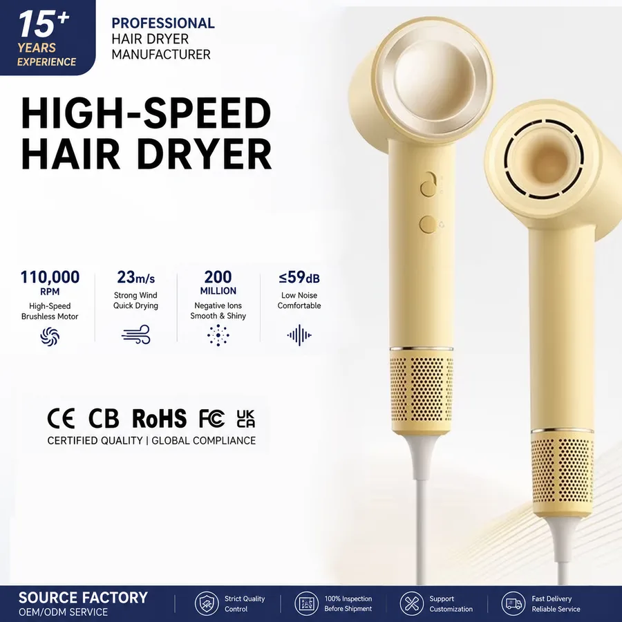 High-Speed Hair Dryer 110000 RPM Brushless Motor 23m/s Negative Ion Constant Temperature Quiet Quick Drying