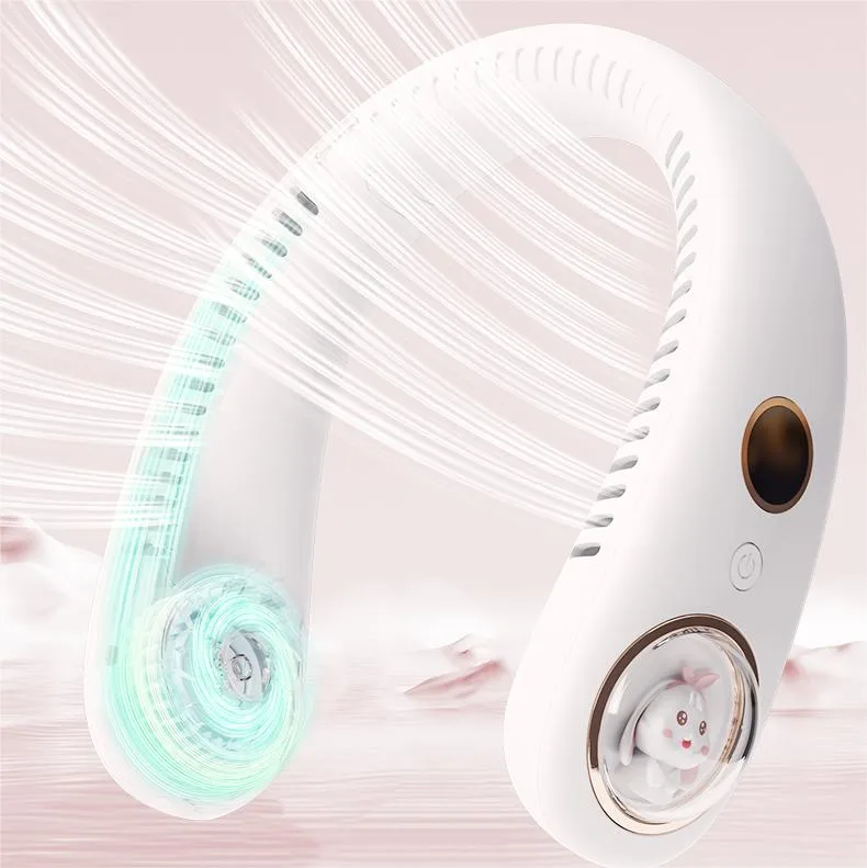 Portable Wearable Kids Neck Fan USB Rechargeable Cool Mist Leafless Cute Hanging Mini 3-Speed for Car/RV Use