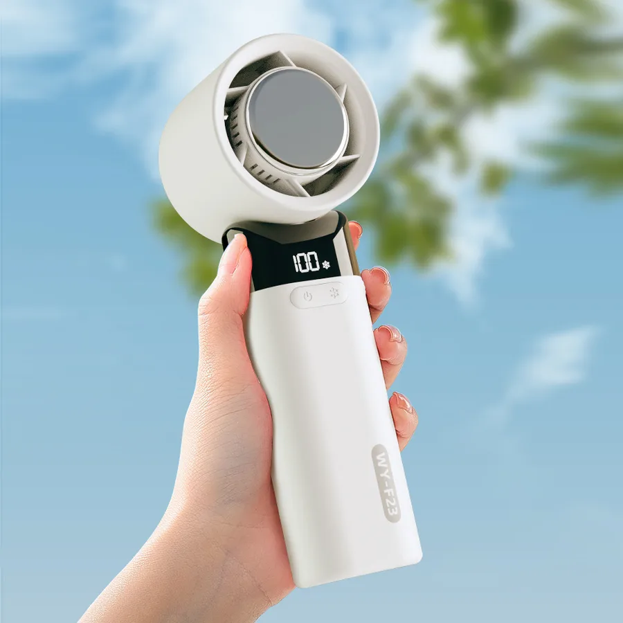 Hot Sale Mini Rechargeable Hand Held Fan 100 Speeds Digital Led 3000mAh Bladeless  Ice Compress Mini USB Portable Fan with Hook