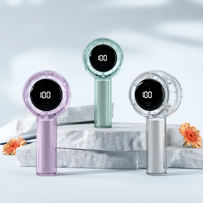 Innovative Fully Transparent Design Custom LOGO Only Digital Display Portable Small Fan Colorful Night Light Handheld Fan