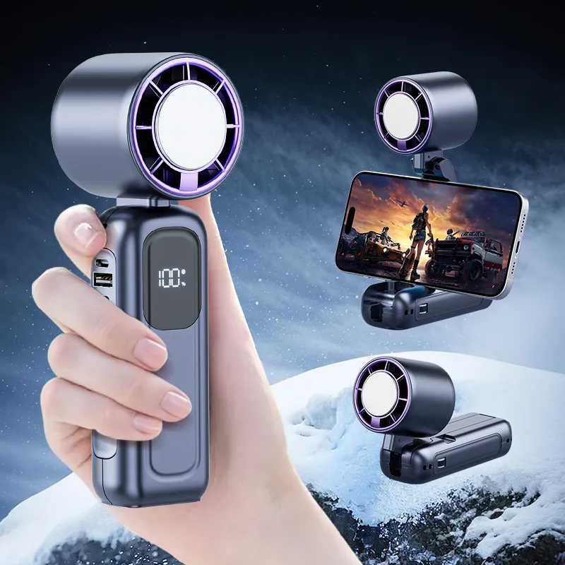 2025 New Design 4000mAh Multifunctional Portable Wearable Handheld Fan 120° Folding Bracket Digital Display Portable Mini Fan