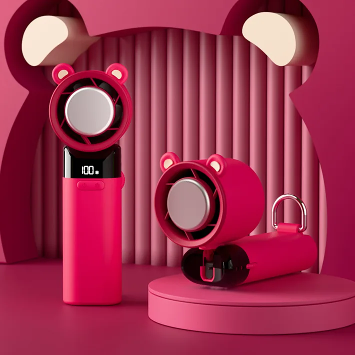 Cute Pink Strawberry Bear Color Rechargeable Hand Fan Upgrade High-Speed 100-Speed Smart Digital Display USB Household Car
