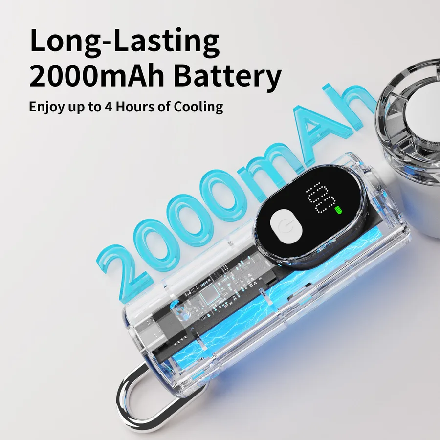 Mini Electric Handheld Fan Rechargeable 2000mAh Battery 100 Wind Speeds Smart LED Screen Carabiner Outdoor Camping Car