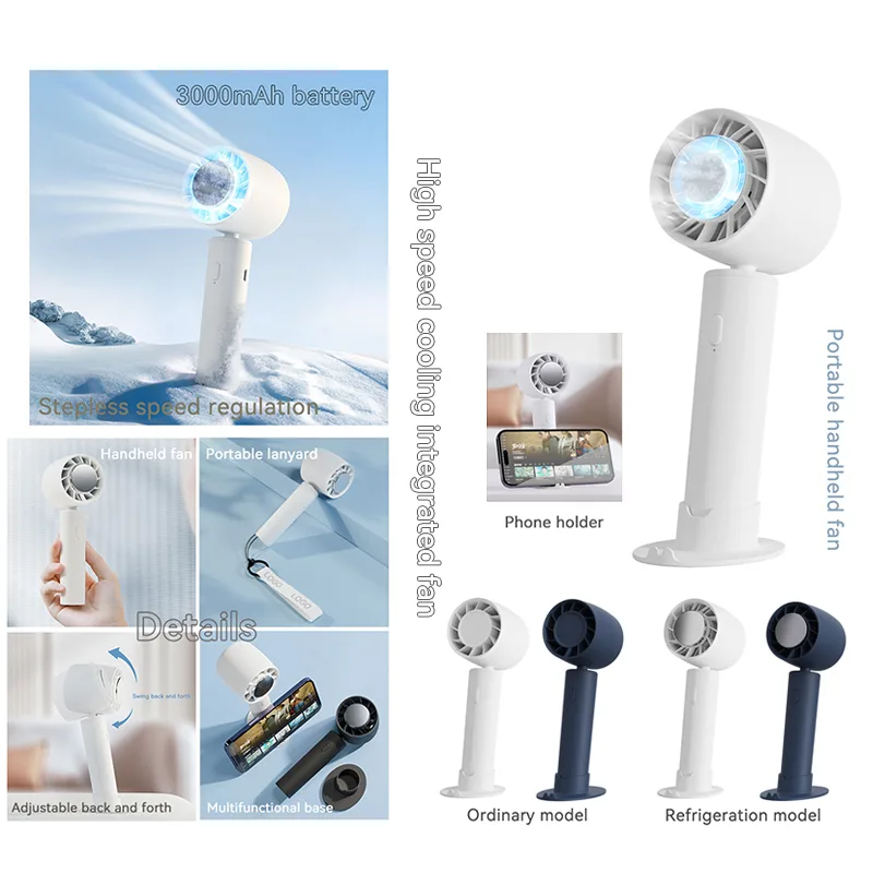 2025 USB Rechargeable Portable Handheld Fan with Mobile Phone Holder Mini Outdoor Ice Cooling Fan for Car Battery-Powered