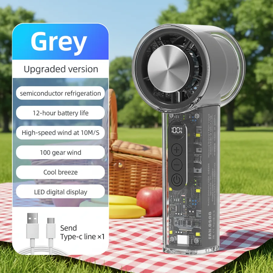 Electric Air Cooling Fan Handheld USB 5V Rechargeable Digital Display 5-Speed 2000mAh Battery Refrigeration Car Household Color