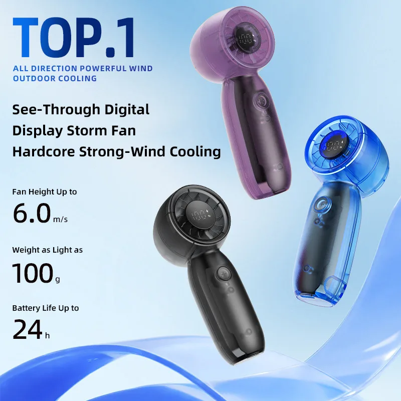 Transparent Mini Handheld Fan with Digital Display 6.0m/s Strong Wind 24H Battery Portable Rechargeable Cooling Fan